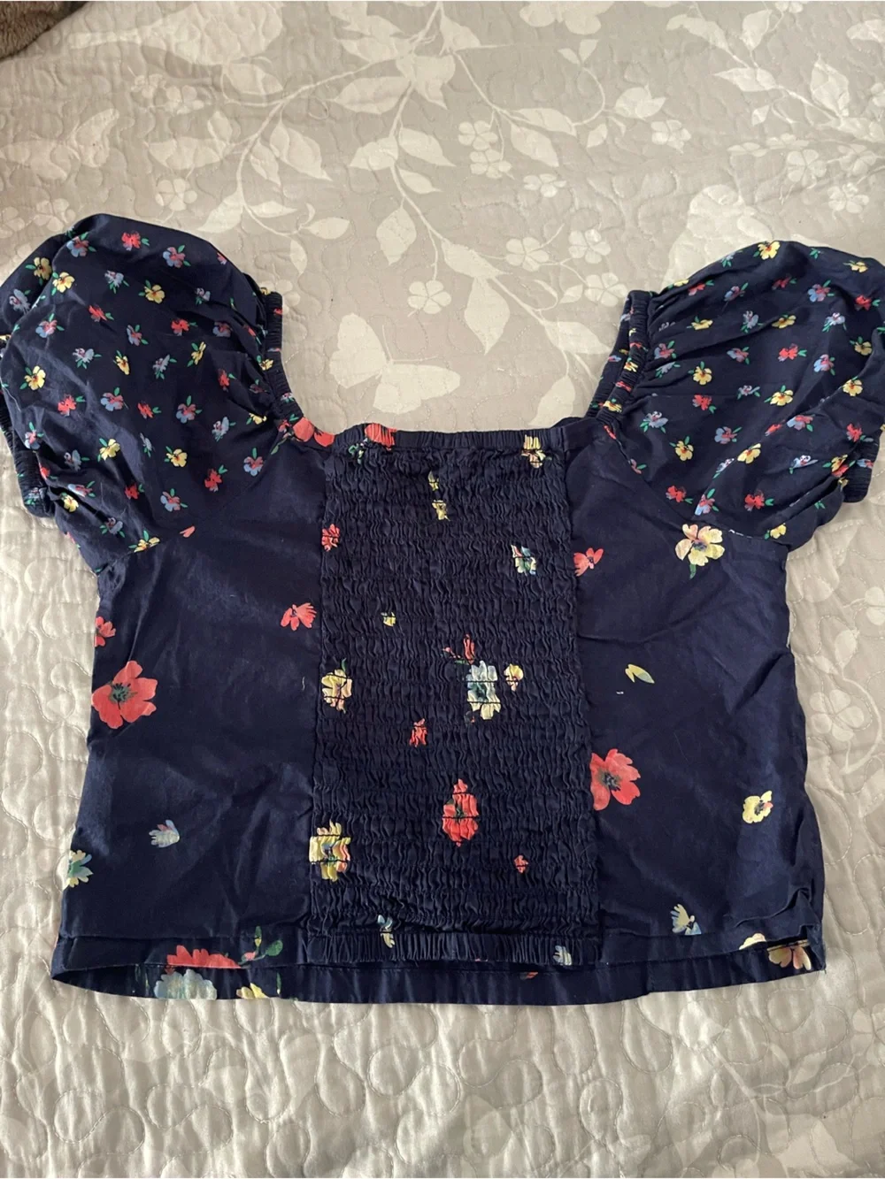 GAP Navy Floral Smocked Waist Top